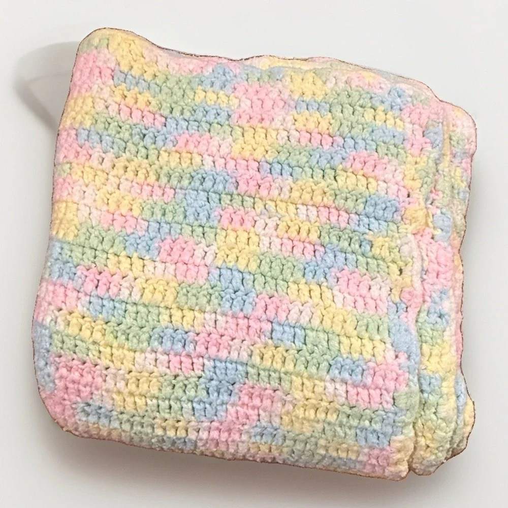 Handmade Crochet Blanket Pastel Multi Color Baby Throw Lapghan 52x54 Vintage